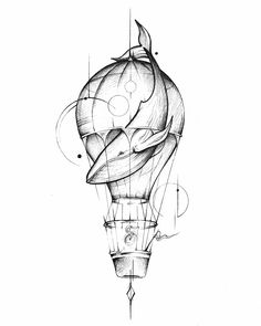 a black and white drawing of a hot air balloon