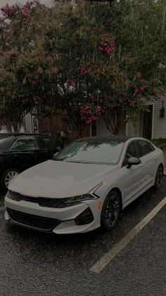 two cars parked in a parking lot on a rainy day