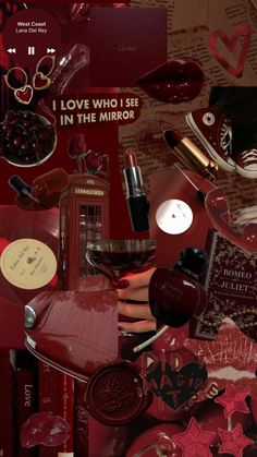 a collage of red and gold items including lipstick, perfume bottles, books, and paper hearts