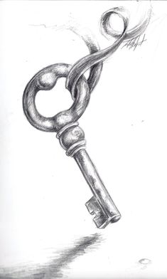 a pencil drawing of a key with a long chain attached to it, on a white background