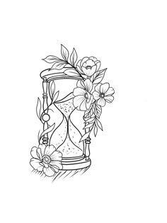 a black and white drawing of an hourglass with flowers