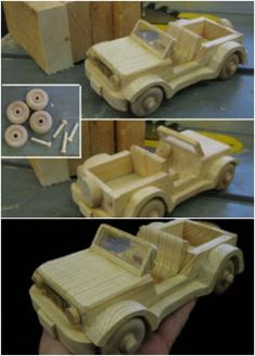 two pictures show the process of making a wooden toy car with wheels and rims