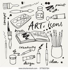 art and craft supplies drawn in black ink on white paper with the words art icons