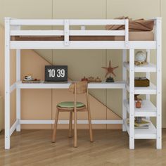 a white bunk bed sitting next to a desk and chair