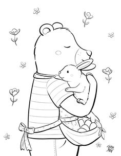 a black and white drawing of a bear holding a baby