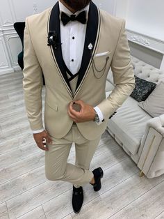 Infinte Beige Slim Fit Shawl Lapel Tuxedo – brabion Beige Wedding Tuxedo, Shawl Lapel Tuxedo, Wedding Suits Men Black, Wedding Tuxedo, Flower Chain, Pants Gift, Beige Wedding, Slim Fit Tuxedo, Suit Material