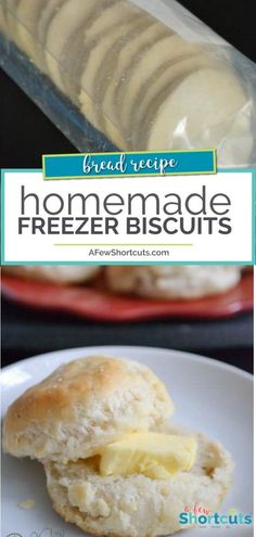 homemade freezer biscuits on a plate with butter in the background and text overlay