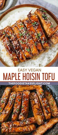 the recipe for maple hoisin tofu is shown in three different pictures and includes rice