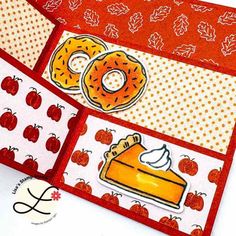 a close up of an open card with doughnuts and apples on the side