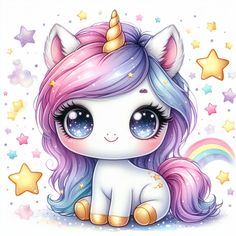 a cute little unicorn sitting on top of a pile of stars