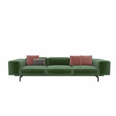 a green couch with two pillows on the back and one red pillow on the side