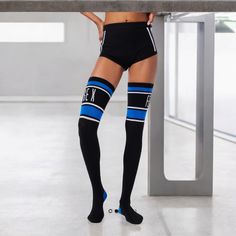 New With Tags In Factory Poly Seal Bag Size: Xs/S Color: Black Caviar / Sky High Blue Keep It Original In Our Classix Thigh-High Socks, Featuring A Knit Body With "Savage X" And "Fenty" Logos Along The Thigh Bands. Thigh High Contrast Color Stripe Motif Along Top Knit "Savage X" Logo On Left Sock Knit "Fenty" Logo On Right Sock Comes In Matchbook Packaging Body: 47% Cotton, 45% Polyester, 6% Elastane, 2% Nylon Hand Wash Cold Water, Lay Flat To Dry Imported Color May Vary Slightly Due To Monitor Black Sporty High-cut Leg Tights, Black Thigh High Leg Warmers For Streetwear, Black Thigh-high Leg Warmers For Streetwear, Black Knee-high Leg Warmers For Streetwear, Knee-high Black Leg Warmers For Streetwear, Black Stretch Socks For Streetwear, Black Knee-high Socks For Streetwear, Fitted Black Sports Hosiery, Sporty Stretch Thigh High Hosiery