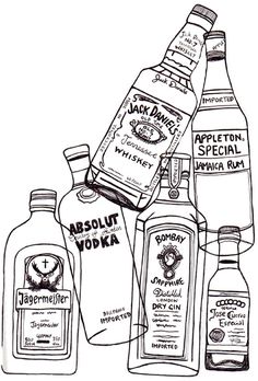 an ink drawing of liquor bottles with the names of different types and flavors on them