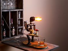 a light that is sitting on top of a wooden table in front of a shelf