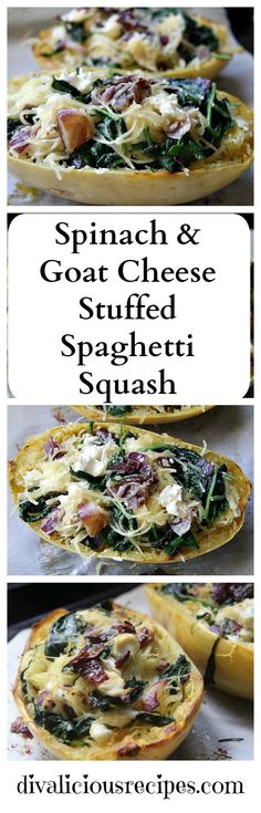 spinach and goat cheese stuffed spaghetti squash is shown in three different views with text overlay