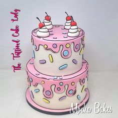 a three tiered cake with sprinkles and cherries on the top