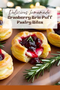 cranberry brie puff pastry bites with rosemary sprig on the side