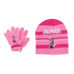 Keep them warm and stylish all winter with this adorable Minnie Mouse beanie and gloves set. The beanie features a cute striped design with Minnie Mouse-themed text and a Minnie decal, while the gloves match with coordinating stripes and a Minnie decal. This set is designed with a stretchy fit to accommodate most sizes and provides long-lasting comfort and warmth. This beanie and gloves duo is an essential accessory for any Minnie Mouse fan during the colder months, perfect for outdoor play or s Baby Mittens, Winter Set, Winter Beanie, Elastic Hair Ties, Winter Colors, Girls Accessories, Stripes Design, Kids Accessories, Light Pink