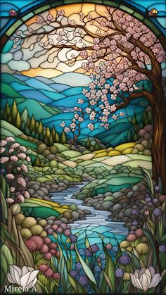 a stained glass window with trees, flowers and water in the background is an image of a