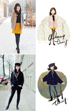 three different pictures of women in coats and hats, one with a coat on the other