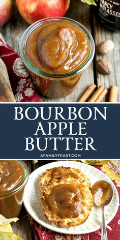 bourbon apple butter on a plate with apples and cinnamon in the background