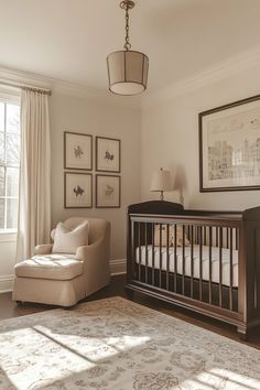 a baby's room with a crib, chair and pictures on the wall