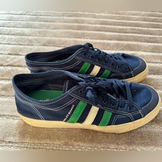 Wales Bonner X Adidas Originals Canvas Low Top Sneakers Blue Striped Leather, Rubber & Neoprene Trim Round-Toes With Leather Trim Embellishment Lace-Up Closure At Uppers Green Casual Walking Sneakers, Navy Lace-up Walking Sneakers, Navy Sneakers With Rubber Sole For Walking, Blue High-top Sneakers For Walking, Blue Casual Sneakers For Walking, Casual Blue Sneakers For Walking, Navy Casual Sneakers For Walking, Adidas Originals Shoes, Adidas Shoes Originals