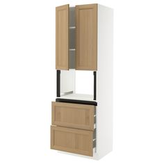 a tall cabinet with two doors and drawers on the bottom, one door is open