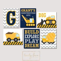 construction themed nursery wall art prints in yellow and gray