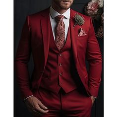 Category:Suits; Embellishment:Pocket; Season:Spring, Fall, Winter, Summer; Fabric:TR; Includes:Vest,Pants,Jacket; Occasion:Wedding; Fit Type:Slim Fit; Jacket Buttons:Single Breasted Two-buttons; Jacket Pockets:Straight Flapped; Vest Buttons:4; Pattern:Solid Colored; Neckline:Notch; Listing Date:10/13/2023; Production mode:External procurement; Pant Length:; Pants Waist:; Shoulder Width:; Sleeve Length:; Bust:; Hips:null; Clothing Length:; Number of Pieces:3 Piece; Design:Classic; Clothing Waist: Red And Green Winter Wedding, Dark Red Wedding Suit, Red Tuxedo For Men Wedding, Red Prom Suits, Men Red Suit, Red Groom Suit, Red Suit Men, Red Wedding Suit, Burgundy Suit Wedding