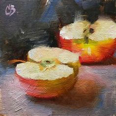 an oil painting of apples on a table