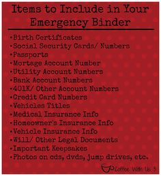 a red poster with the words items to include in your emergency bind