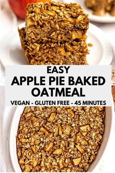 easy apple pie baked oatmeal recipe on a white plate with text overlay