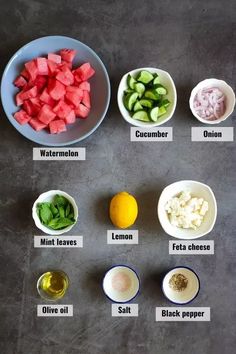 the ingredients to make watermelon cucumber salad are shown in bowls