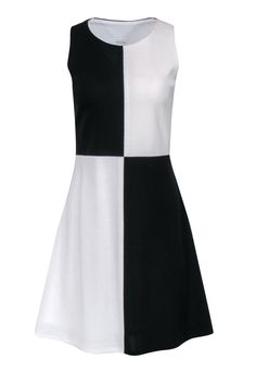 Current Boutique-Misook - Black & White Colorblocked Sleeveless A-Line Dress Sz S Chic A-line Patchwork Dress, Black Dress With Contrast Color For Summer, Black Summer Dress With Contrast Color, White A-line Mod Dress, White Sleeveless Mod Dress, White A-line Mini Dress In Mod Style, Black Fitted Dress With Contrast Color, Fitted Black Dress With Contrast Color, White A-line Color Block Dress