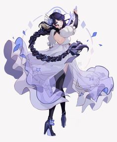 an anime character with long black hair wearing a dress and high heeled shoes, holding her arms out in the air