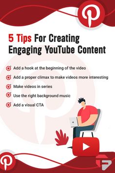 a man sitting on top of a chair in front of a red background with the title 5 tips for creating engaging youtube content