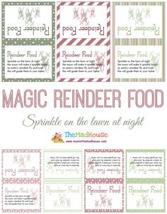 the printable recipe for magic reindeer food is shown in pink, green and white