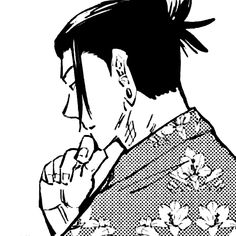 a black and white drawing of a man talking on a cell phone while wearing a kimono