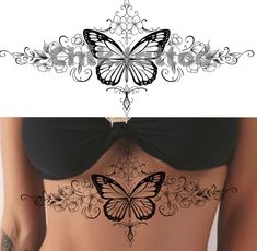 a woman's stomach with butterfly tattoos on the side and bottom, as well as an