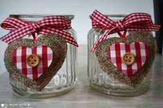 two mason jars decorated with buttons and gingham checks