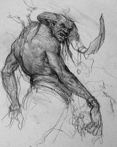 a black and white drawing of a demon