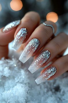 Nails White Silver Glitter, Long Acrylic Nails Coffin Glitter Sparkle, Simple Glitter Nails Acrylic, Waterfall Nail Designs Glitter, Platinum Nails Acrylic, White Nail Art Designs Glitter, Silver Glitter And White Nails, White Glitter Acrylics, Fancy Silver Nails