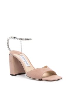 Saeda 85mm suede sandals Made in Italy Highlights powder pink calf leather suede crystal embellishment chain-link detailing square open toe ankle strap single toe strap branded footbed high block heel leather sole Jimmy Choo Saeda, Heel Sandal, Suede Sandals, Powder Pink, Crystal Embellishment, Block Heels Sandal, Pink Crystal, Jimmy Choo, Chain Link