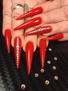 Red Stilleto Nails Designs, Red Nails With Stones, Red Pointy Nails, Stelleto Nails, Long Red Nails, Stilleto Nails Designs, Bright Red Nails