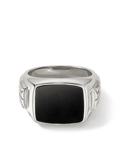 sterling silver polished finish signet band embossed detail to the sides hand-carved black onyx stone Normal everyday use and external agents may reduce the lustre of gemstones and gold surfaces. To maintain, use specific, non-abrasive products specially meant for cleaning jewellery. All products are handcrafted. Modern Onyx Signet Ring With Polished Finish, Classic Onyx Signet Ring With Polished Finish, Black Engraved Ring With Polished Finish For Formal Occasions, Timeless Onyx Signet Ring With Polished Finish, Formal Black Engraved Ring With Polished Finish, Modern Black Enamel Signet Ring, Classic Black Sterling Silver Signet Ring, Classic Black Engraved Ring With Black Enamel, Classic Onyx Signet Ring With Black Enamel