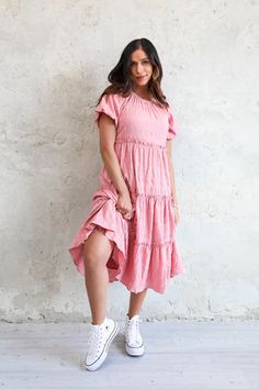 Serena modest midi dress in pink-NEW – JanieLanie Modest Midi Dress, Modest Boutique, Modest Maxi, Modest Tops, Modest Skirts, Tier Skirt, Flowy Dress, Tiered Skirt, Modest Dresses