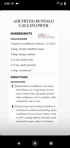 the air fryed buffalo cauliflower recipe is shown on an iphone screen,