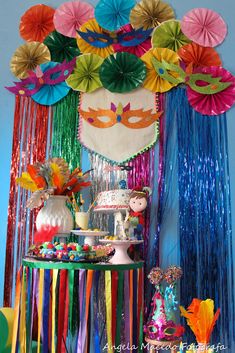 a party with colorful streamers and decorations