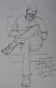 a black and white drawing of a man sitting on a bench with his legs crossed